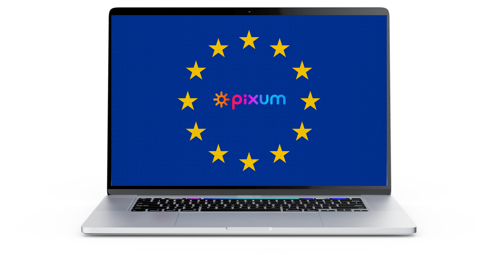 Schermo con il logo di Pixum al interno della bandiera dell'Unione Europea