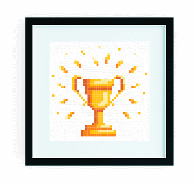 Quadro in pixel art. Cornice nera, coppa dorata su sfondo bianco-azzurro