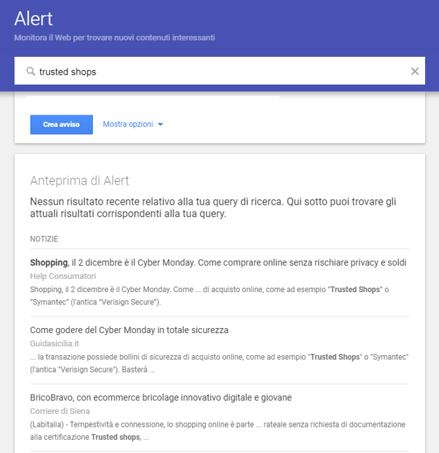 risultati google alerts per trusted shops