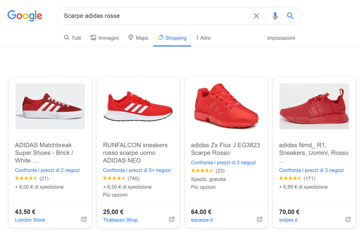 Schermata esempio di Google Shopping con le valutazioni a stelle