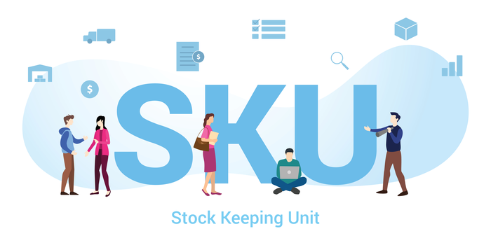 SKU scritta blu su sfondo bianco, Stock Keeping Unit scritta in basso