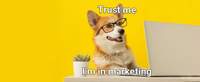 meme sfondo giallo, cane con gli occhiali alla scrivania con un pc, scritta in bianco che dice "Trust me, I'm in marketing"