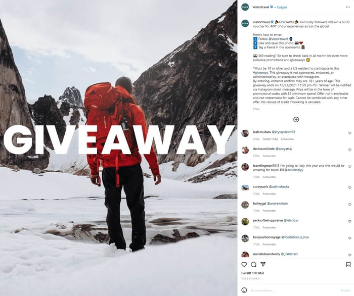Post Giveaway su Instagram: screenshot di un post. Lato sinistro: foto di un uomo in montagna di spalle, in mezzo alla neve, con la scritta bianca Giveaway. Sul lato destro ci sono i commenti dei partecipanti