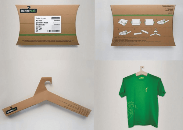 Packaging di cartone con istruzioni sul retro per trasformare il box in una gruccia per appendere la maglietta venduta