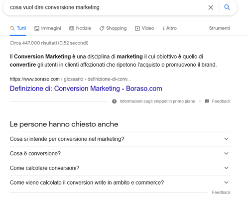 Risultati di ricerca Google Frequently Asked Question Definiyione di Conversion Marketing. Sotto si apre il menù 