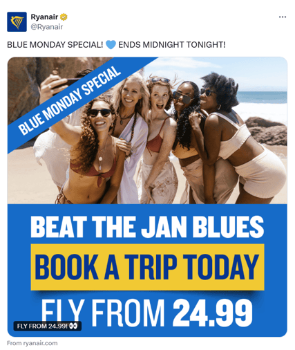 Campagna Blue Monday di Ryanair con il messaggio “Beat the Jan Blues”, esempio di marketing ironico che invita a viaggiare per superare la malinconia di gennaio.