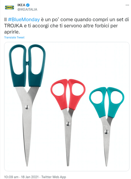 Tweet di IKEA Italia sul Blue Monday con tono ironico e umoristico per promuovere il brand in modo leggero.
