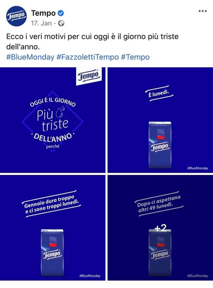 Post di Tempo per il Blue Monday con colore blu e messaggio positivo per trasmettere empatia e leggerezza.