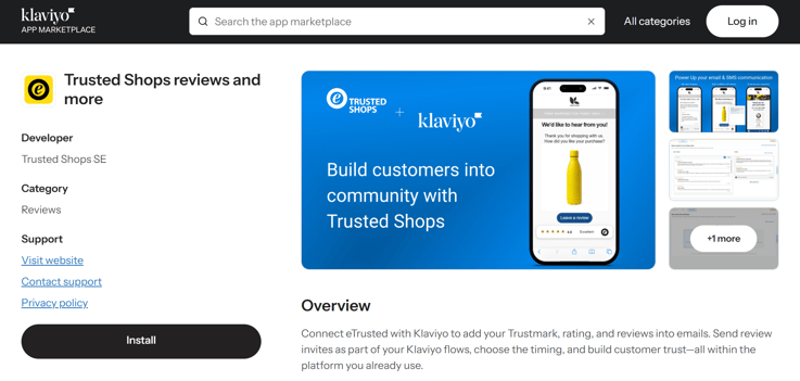 view dell'app di trusted shops sul marketplace di klaviyo