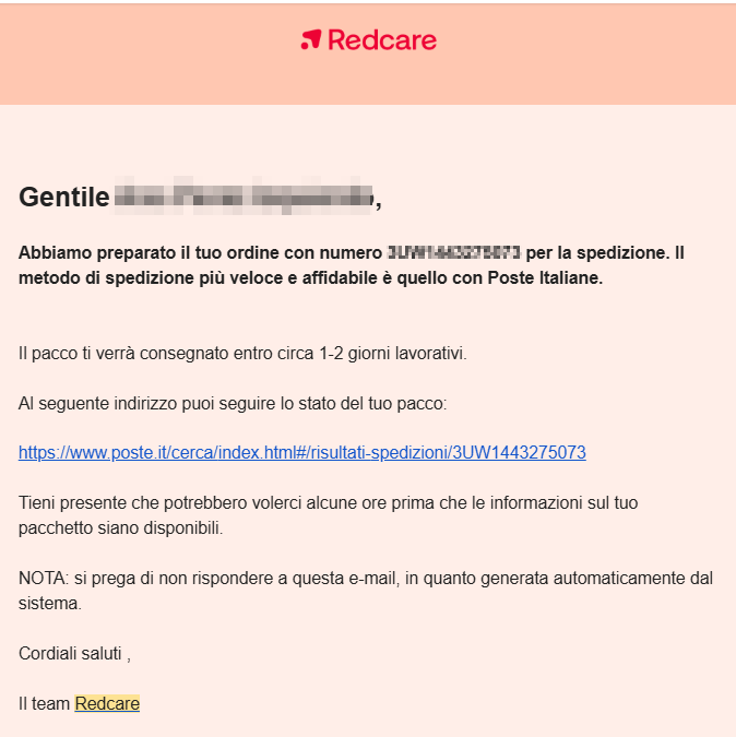 Comunicazione inviata da Redcare per comunicare la spedizione del pacco ordinato online