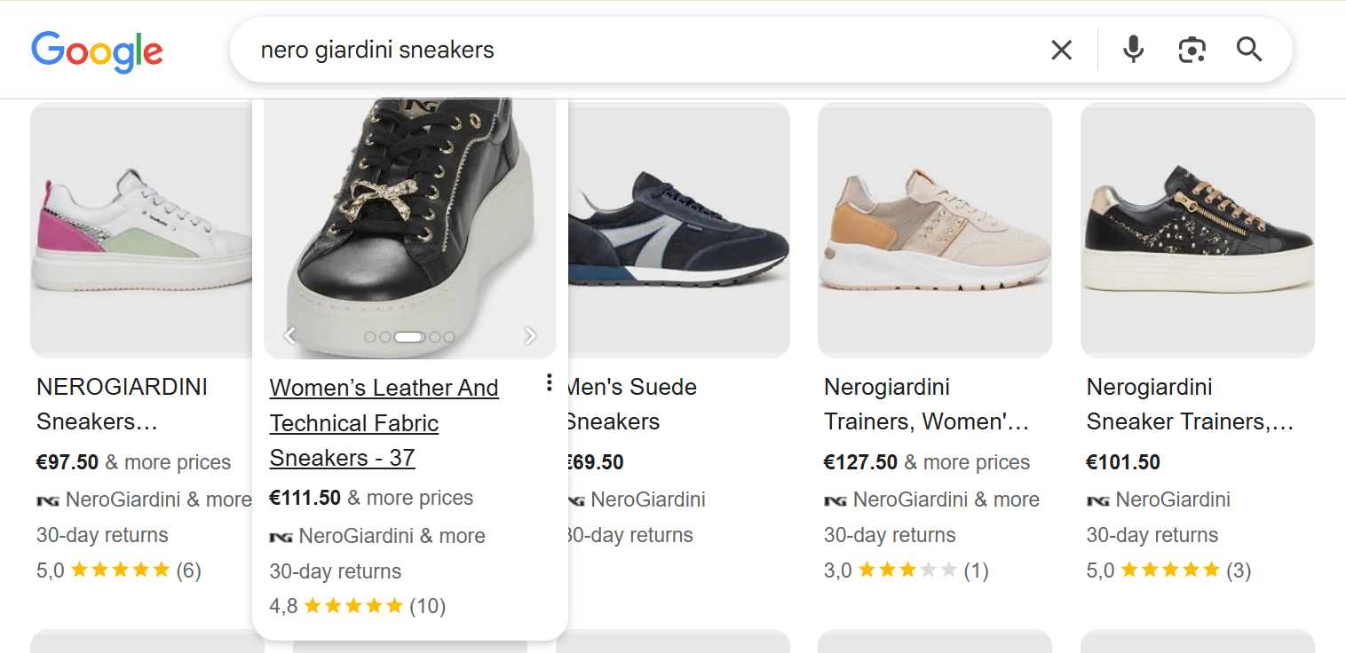 Esempio prodotti Nero Giardini su Google Shopping