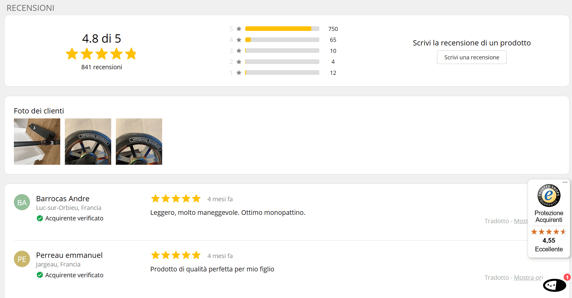 esempio di recensioni prodotto elemento di fiducia per e-commerce