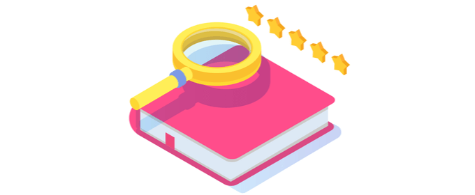 sfondo bianco, libro rosa con sopra una lente dßingrandimento e stelle di valutazione
