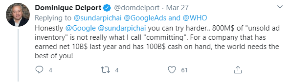tweet reazione a finanziamento google