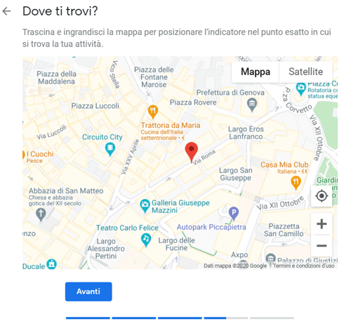 registrazione google maps: selezione sede
