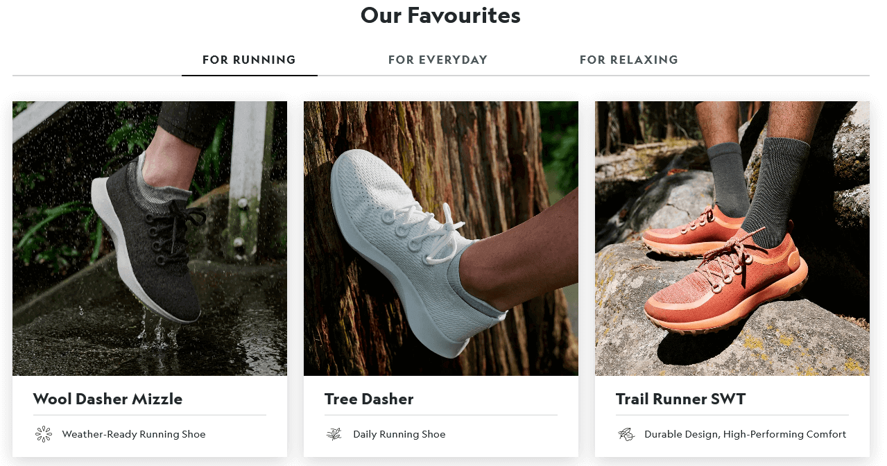 pagina prodotto Allbirds scarpe da corsa, casual e per passeggiare