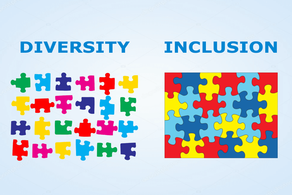 Diversità: tanti pezzi di puzzle colorati in disordine. Inclusione: puzzle completo con tanti pezzi di colori diversi.
