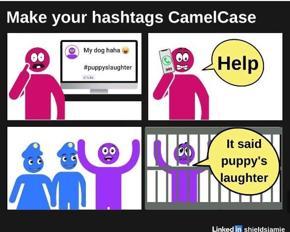 meme "scrivi gli hashtag in camel case" vignetta: omino stecco condivide sui social #puppyslaughter e viene arrestato. Mentre è in carcere dice "Diceva puppy's laughter" (puppy slaughter vuol dire macellazione di cuccioli, puppy's laughter vuol dire risate di cuccioli)