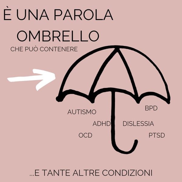 neurodivergenza: (scritta) è una parola ombrello che può contenere: immagine di un ombrello, da cui piovono le parole "autismo, ocd, bpd, dislessia, ptsd, adhd" ...e tante altre condizioni