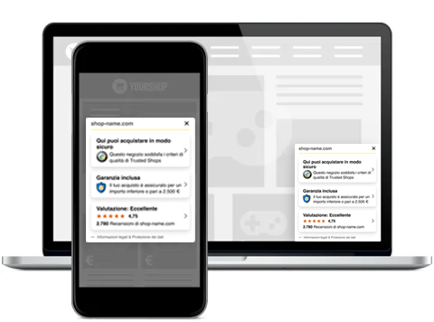 Trustbadge che si apre con informazioni sulla certificazione, la Protezione Acquirenti e la valutazione media delle recensioni autentiche lasciata dai clienti
