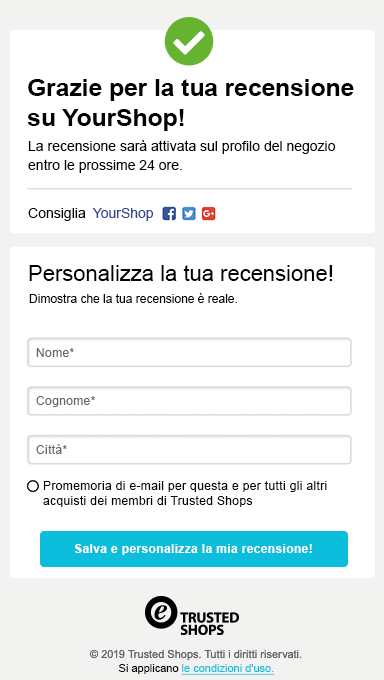 Pagina di ringraziamento per aver lasciato una recensione dopo l'acquisto
