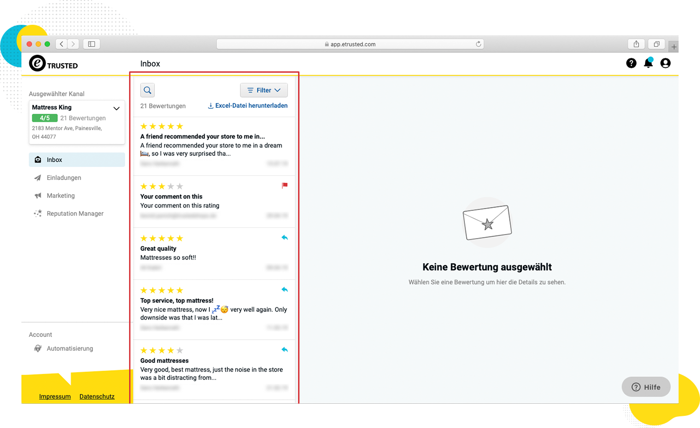 casella di posta in arrivo per recensioni trusted shops