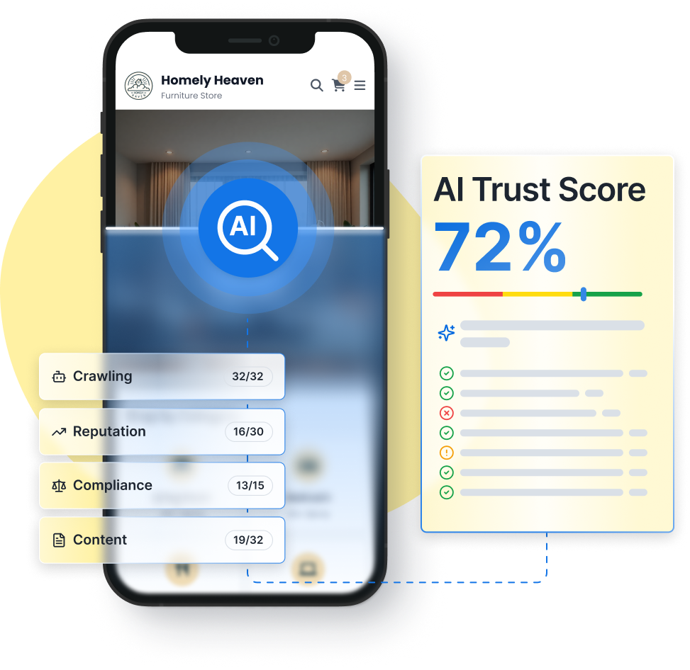Smartphone con punteggio AI Trust Score e controlli di crawling, reputazione, compliance e contenuti